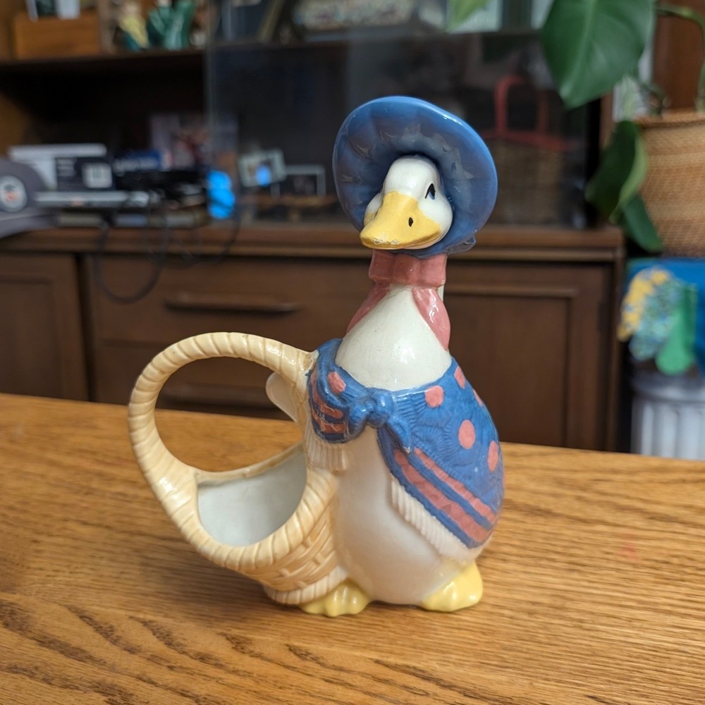 Vintage Ceramic Mother Goose Figurine Blue Bonnet Polka Dot Shawl Basket Planter